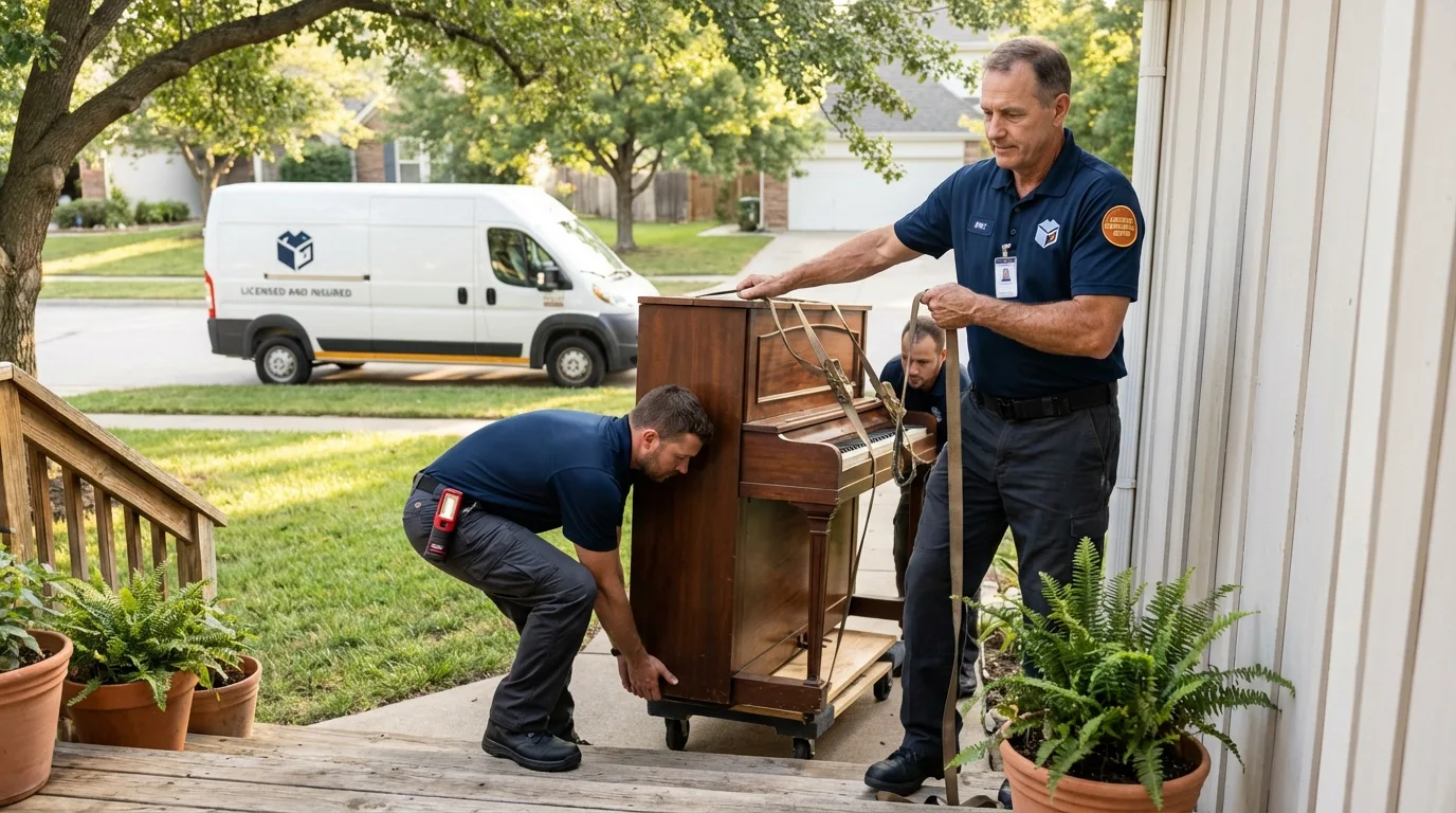Licensed piano movers securing grand piano in Gouldsboro, ME