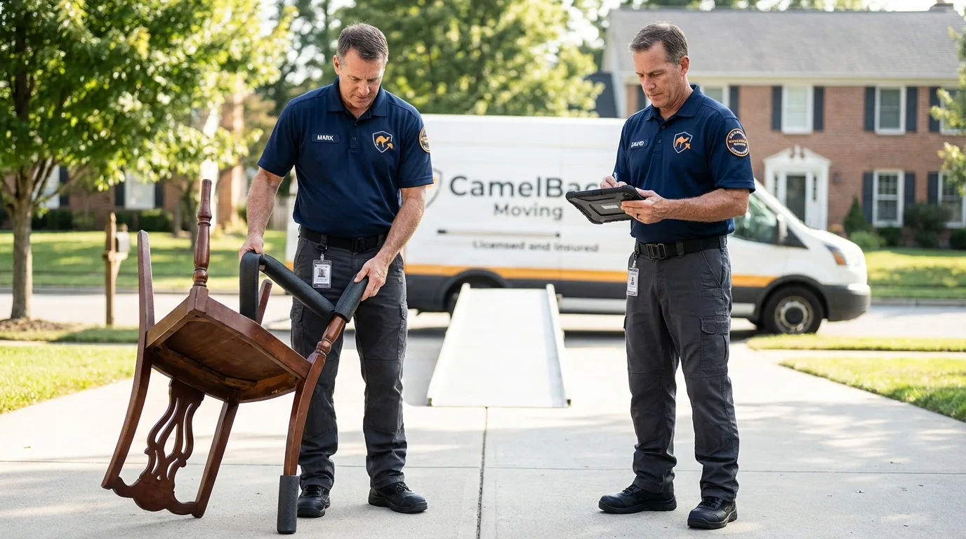 Movers inspecting furniture for damage prevention before loading in Gouldsboro, ME
