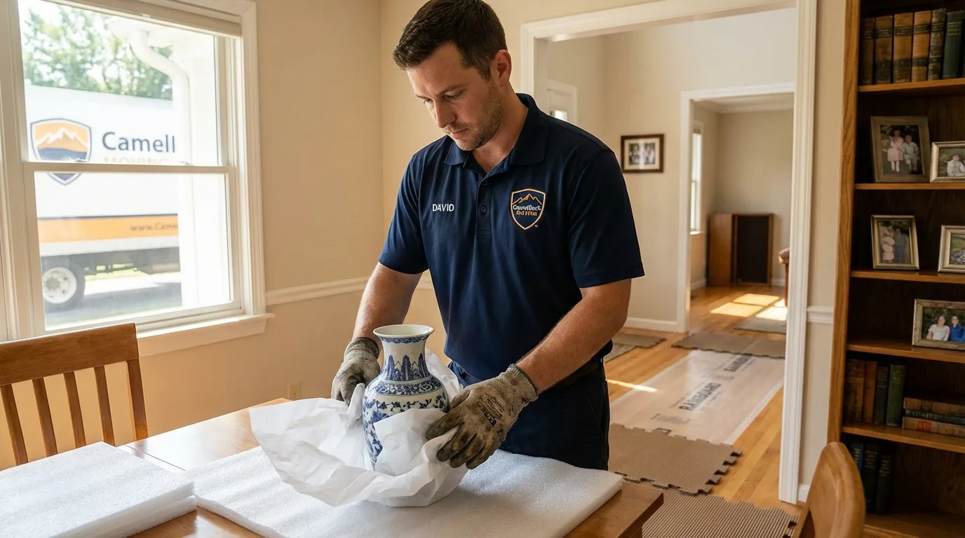 Professional crew carefully wrapping antique vase for senior downsizing move in Gouldsboro, ME
