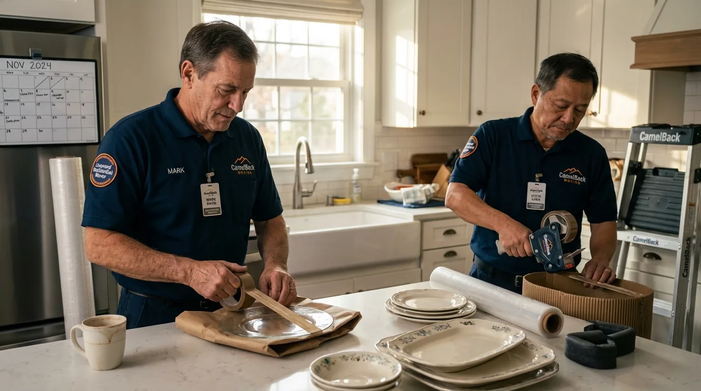 Professional crew packing kitchen dishware in Gouldsboro, ME
